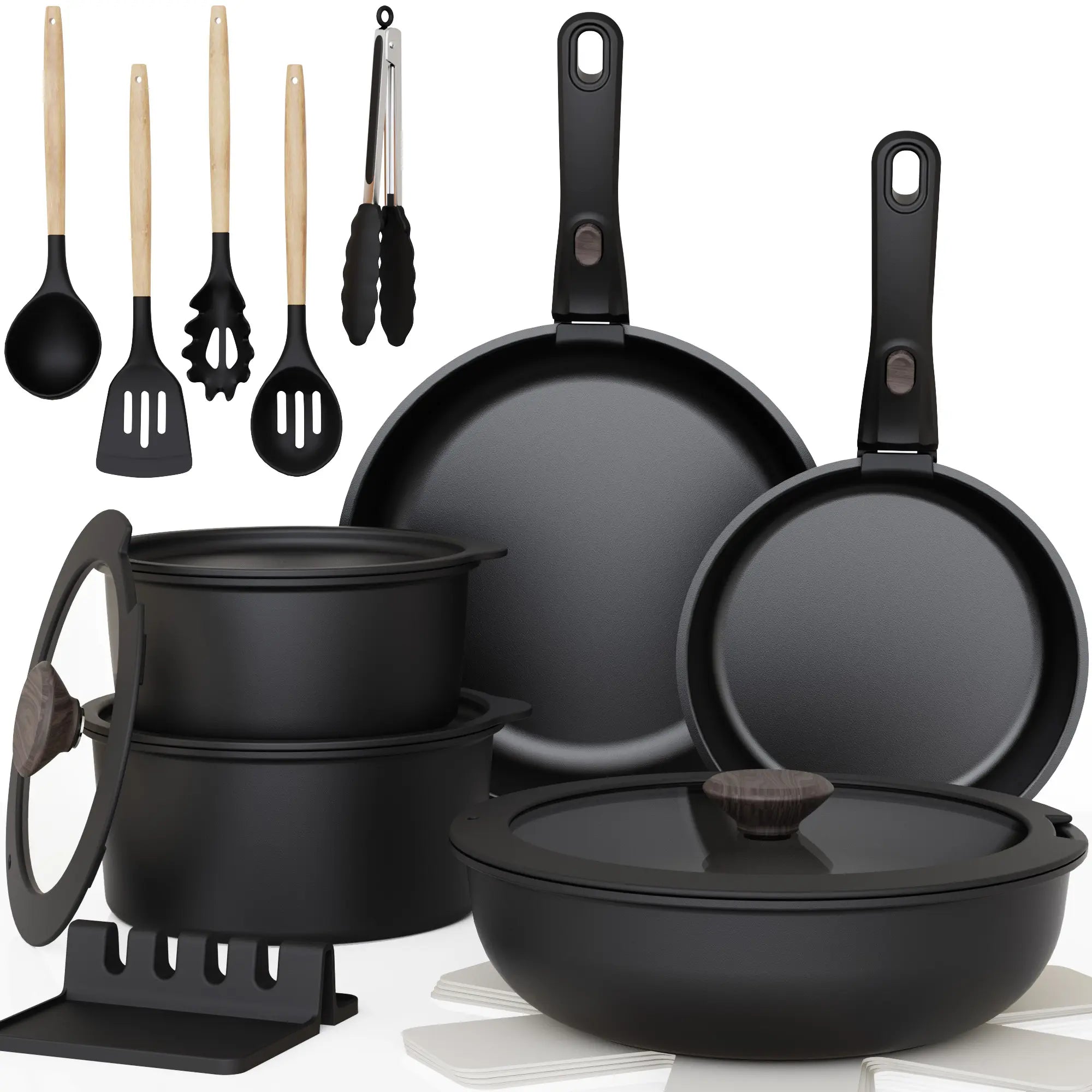 Astercook 20Pcs Non-Stick Pots and Pans Set with Detachable Handle, Oven Safe, Stackable, Non-Stick RV Kitchen Cooking Set Modern Aluminum Dishwasher Safe