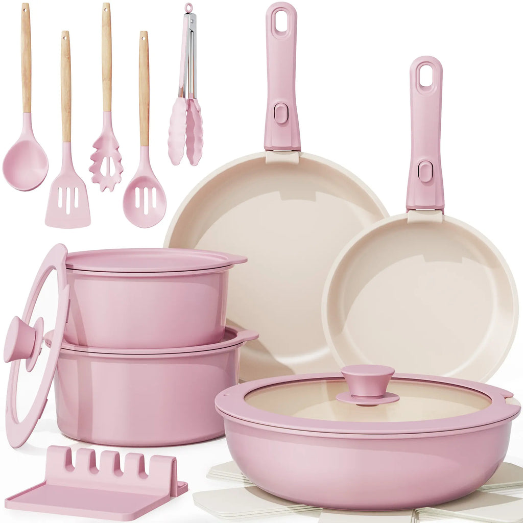 Astercook 20Pcs Non-Stick Pots and Pans Set with Detachable Handle, Oven Safe, Stackable, Non-Stick RV Kitchen Cooking Set Modern Aluminum Dishwasher Safe