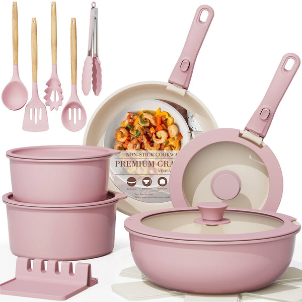 【Deals for You】Astercook 20 PCS Nonstick Cookware Set - Removable Handle Pots & Pans, Ceramic Coated Kitchenware for Easy Cooking