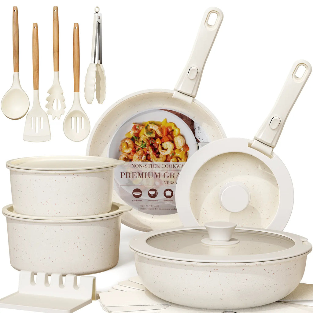 【Deals for You】Astercook 20 PCS Nonstick Cookware Set - Removable Handle Pots & Pans, Ceramic Coated Kitchenware for Easy Cooking