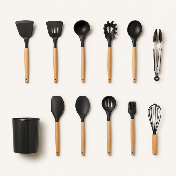 Set Premium de Utensilios de Cocina de Silicón con Mango de Madera– 12 Piezas