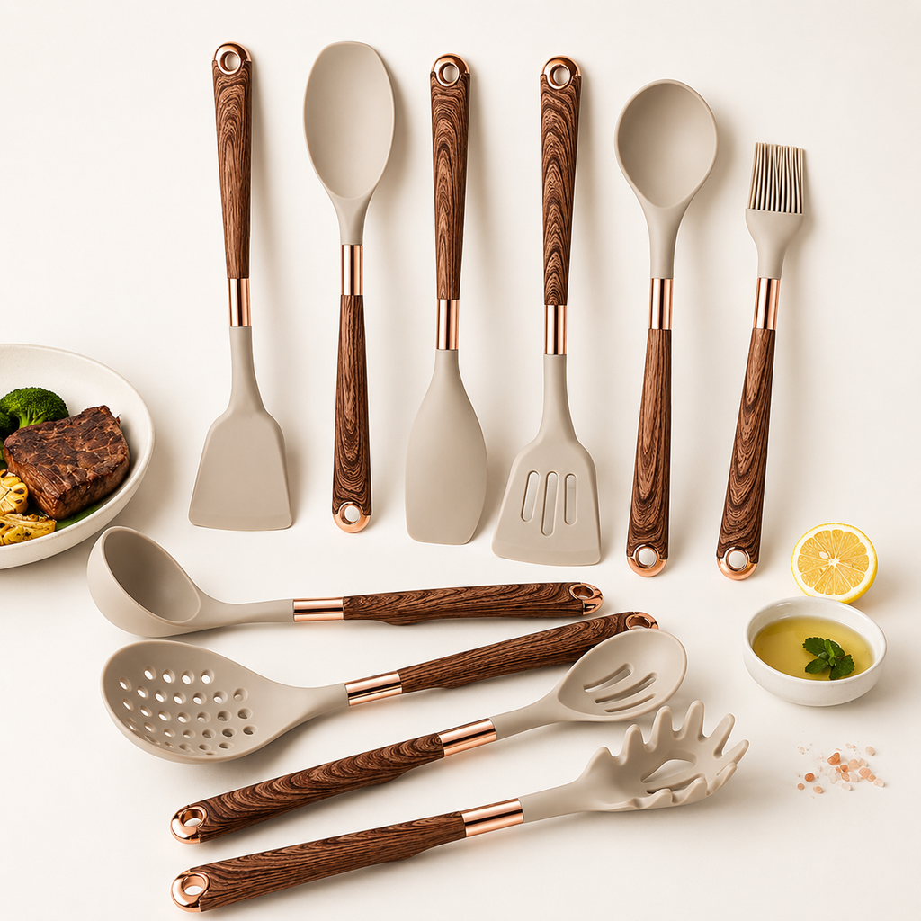 Premium Beige Silicone Utensil Set with Walnut Handle – 11 Pieces