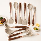 Premium Beige Silicone Utensil Set with Walnut Handle – 11 Pieces
