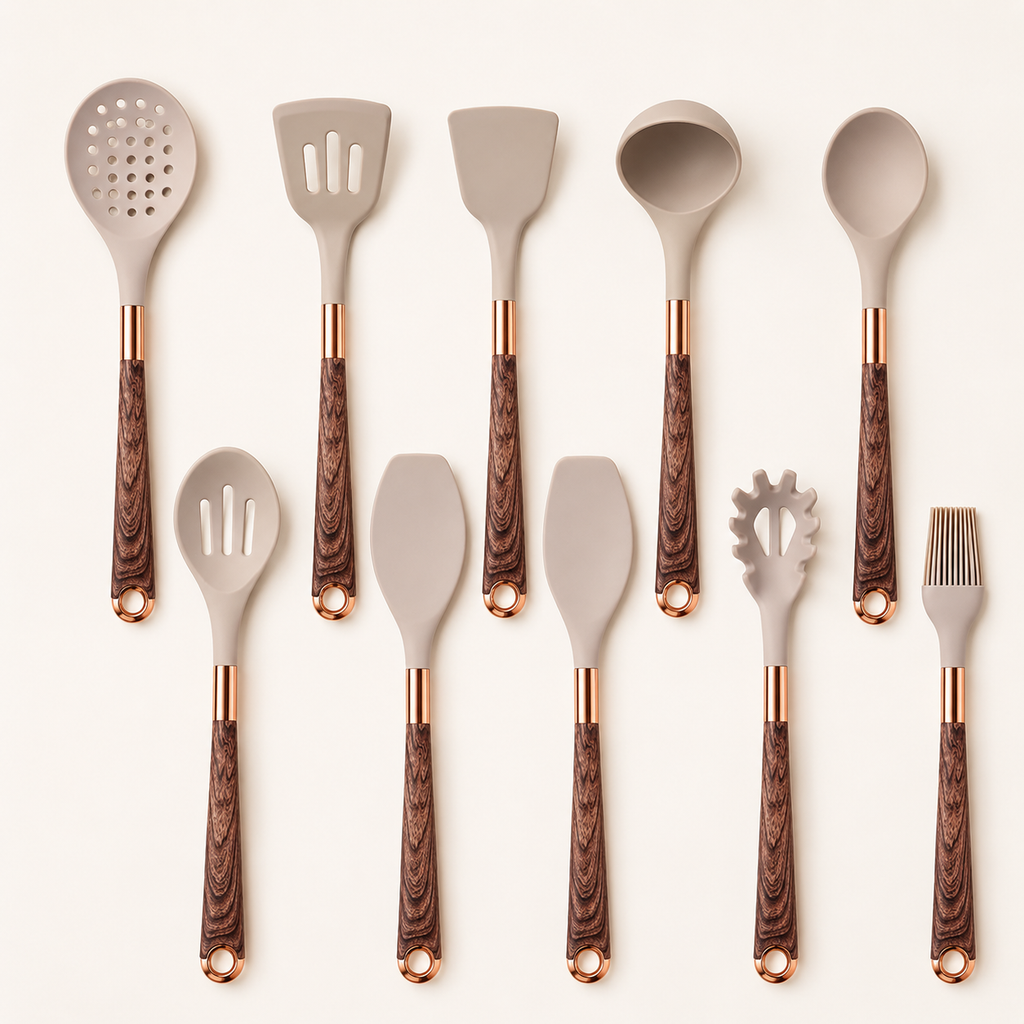 Premium Beige Silicone Utensil Set with Walnut Handle – 11 Pieces