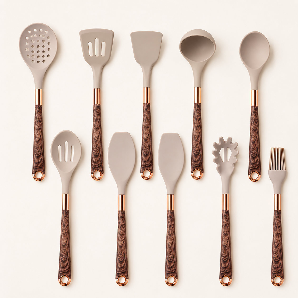 Premium Beige Silicone Utensil Set with Walnut Handle – 11 Pieces