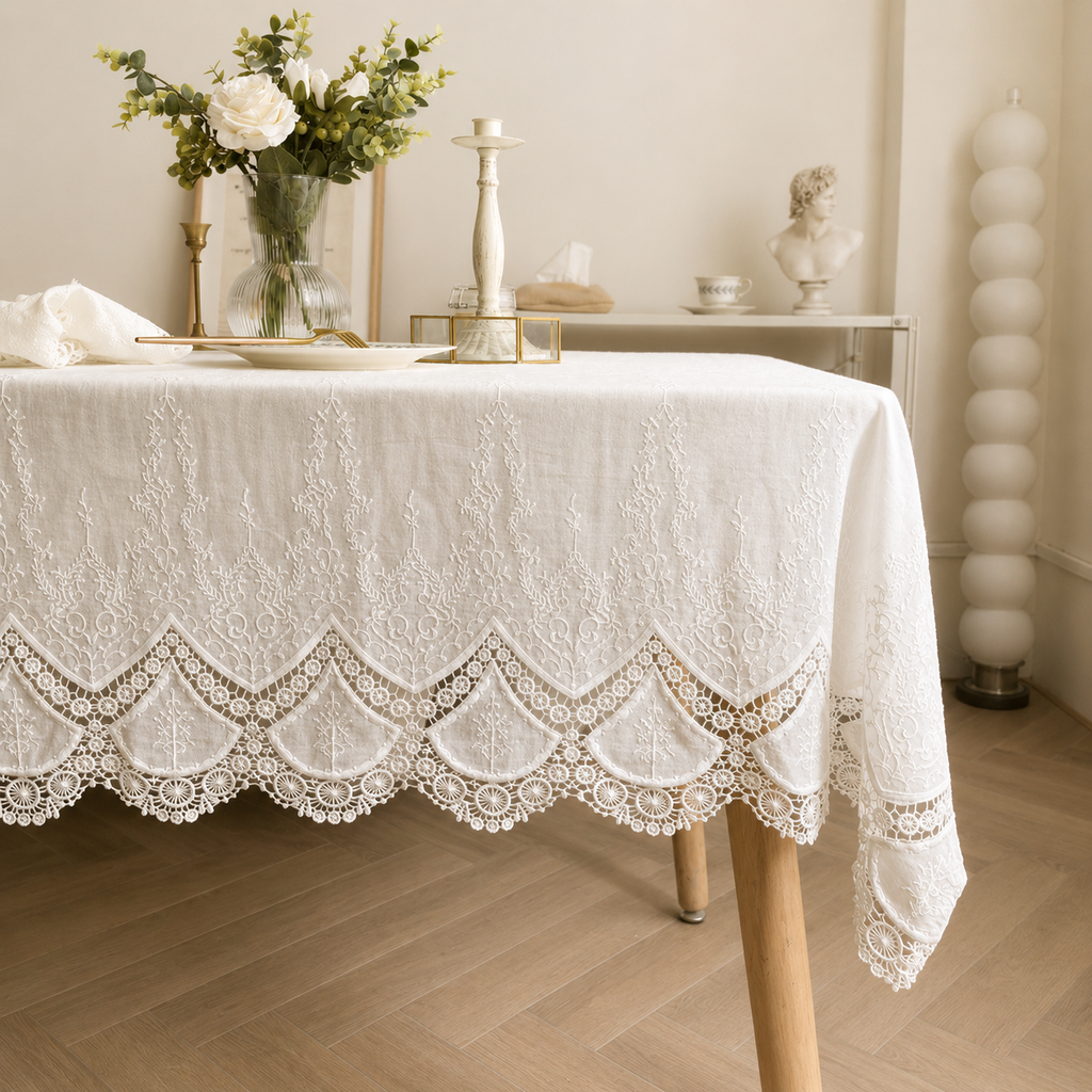 French Ivory Tablecloth with Floral Lace
