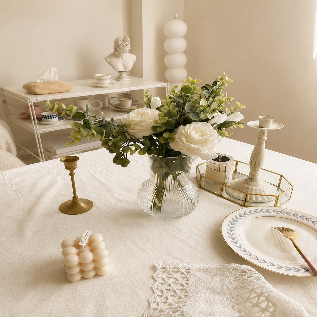 French Ivory Tablecloth with Floral Lace