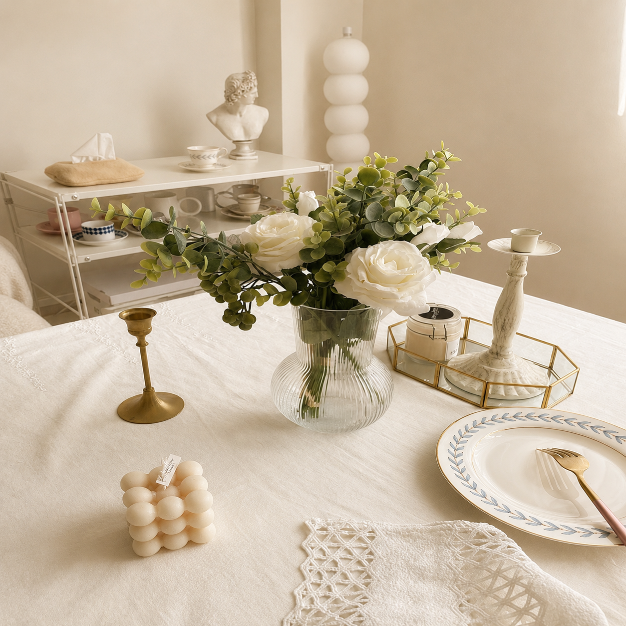 French Ivory Tablecloth with Floral Lace