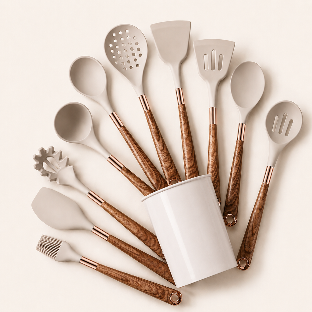 Premium Beige Silicone Utensil Set with Walnut Handle – 11 Pieces