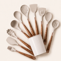 Premium Beige Silicone Utensil Set with Walnut Handle – 11 Pieces