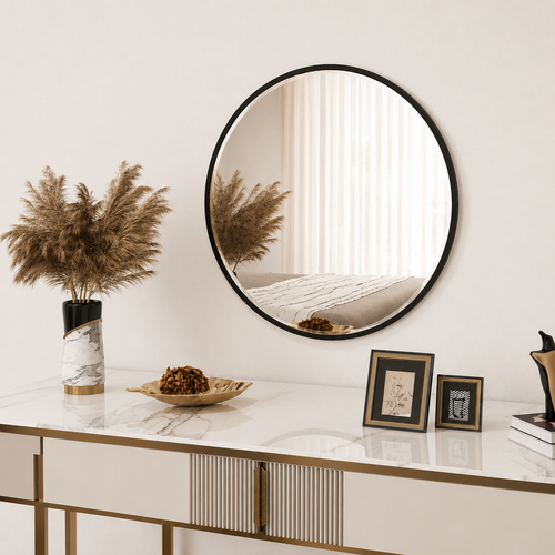 61cm Decorative Wall Mirror For Bedroom Living Room, Modern Round Bathroom Mirror For Home Decor, Black