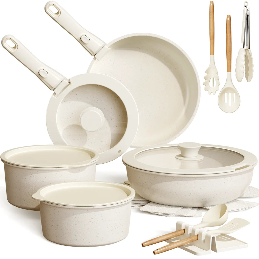 Astercook 20Pcs Non-Stick Pots and Pans Set with Detachable Handle, Oven Safe, Stackable, Non-Stick RV Kitchen Cooking Set Modern Aluminum Dishwasher Safe